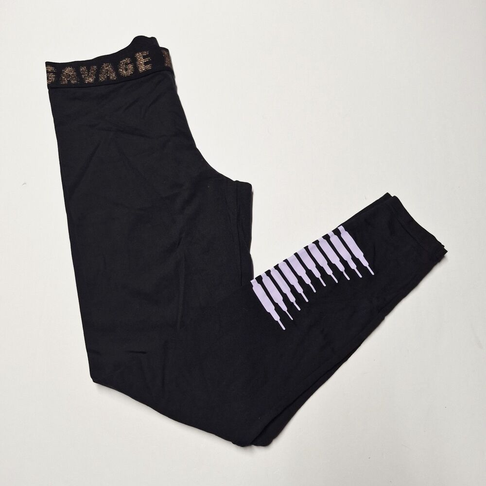 Savage X Fenty Leggings High Waist Rose Gold Metallic Purple Calf Accent L EUC